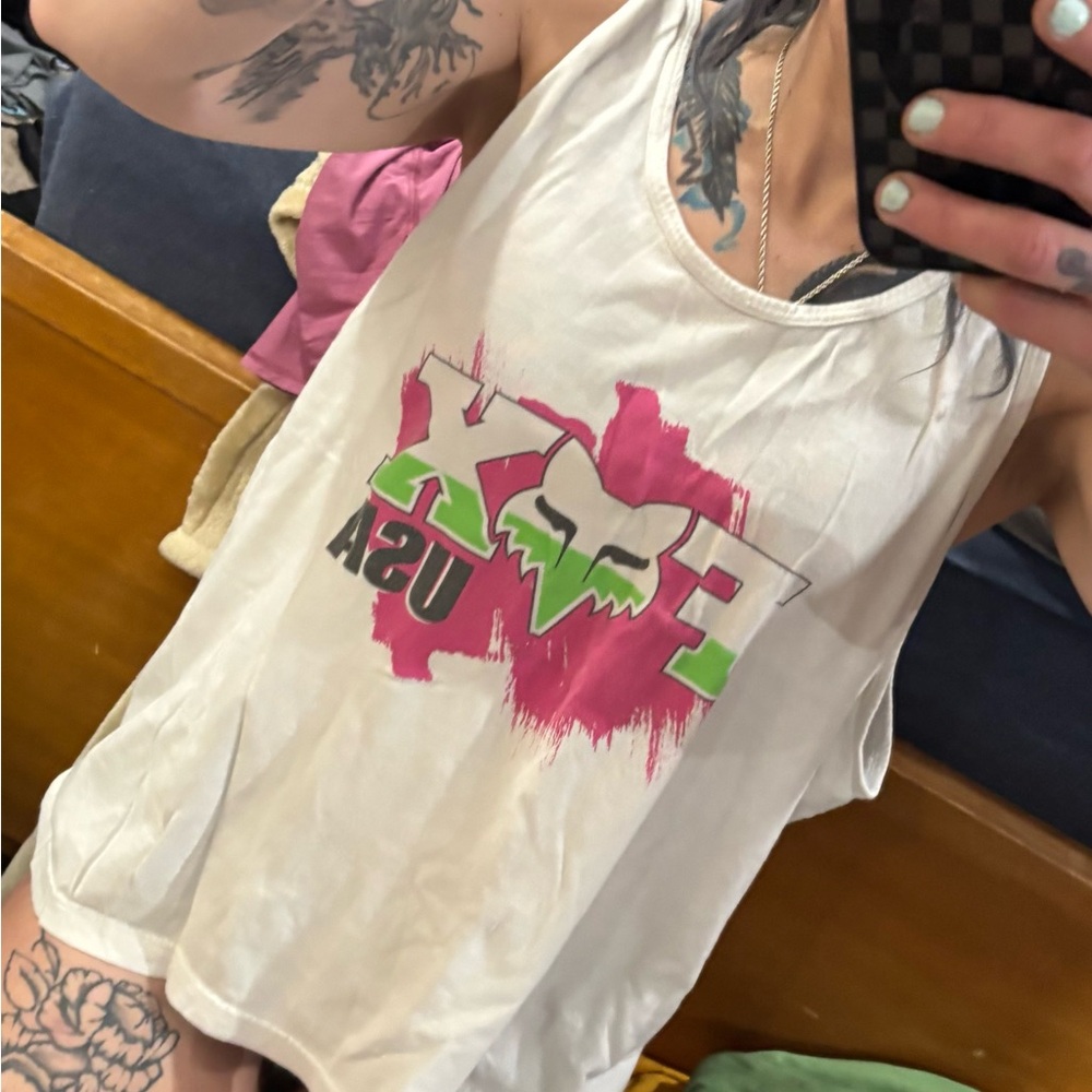 Fox White Tank with Pink and Green Logo
